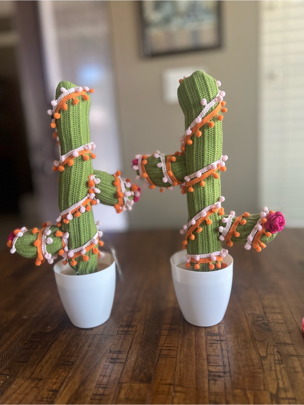 Handmade Green Knit Cactus Accent with Orange and Pink Pom-Poms